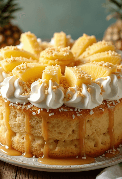 Fresh pineapple chunks, flour, eggs, and sugar arranged around a golden pineapple cake on a rustic kitchen table