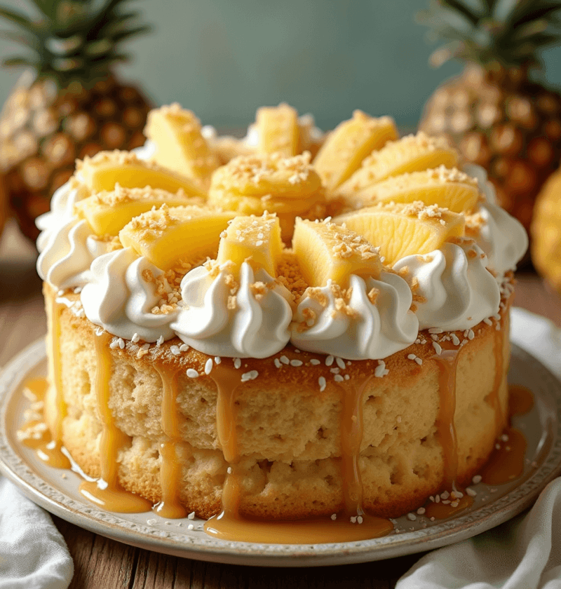 Fresh pineapple chunks, flour, eggs, and sugar arranged around a golden pineapple cake on a rustic kitchen table