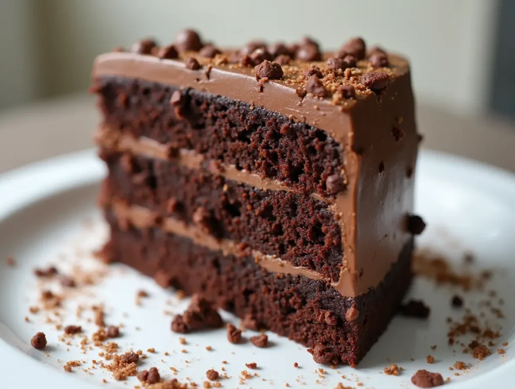 "Design a decadent, ultra-moist chocolate cake with rich, glossy chocolate frosting dripping down its layers. Show a slice cut to reveal a fluffy, dark crumb texture. Place the cake on a rustic wooden table, garnished with fresh raspberries and cocoa powder dusting. Warm, soft lighting highlights the cake’s moistness, with a blurred kitchen background featuring baking tools. Use vibrant, appetizing colors to emphasize indulgence."