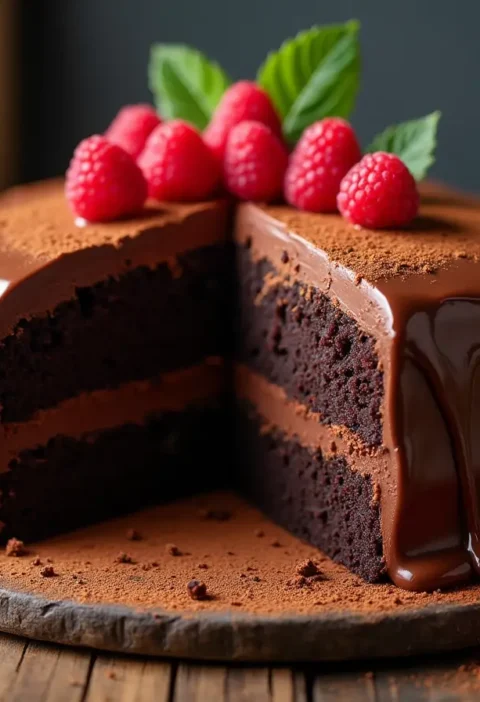 "Design a decadent, ultra-moist chocolate cake with rich, glossy chocolate frosting dripping down its layers. Show a slice cut to reveal a fluffy, dark crumb texture. Place the cake on a rustic wooden table, garnished with fresh raspberries and cocoa powder dusting. Warm, soft lighting highlights the cake’s moistness, with a blurred kitchen background featuring baking tools. Use vibrant, appetizing colors to emphasize indulgence."