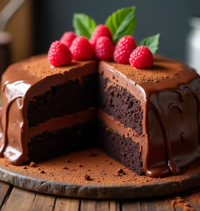"Design a decadent, ultra-moist chocolate cake with rich, glossy chocolate frosting dripping down its layers. Show a slice cut to reveal a fluffy, dark crumb texture. Place the cake on a rustic wooden table, garnished with fresh raspberries and cocoa powder dusting. Warm, soft lighting highlights the cake’s moistness, with a blurred kitchen background featuring baking tools. Use vibrant, appetizing colors to emphasize indulgence."