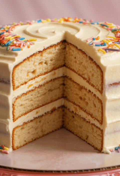 Photorealistic two-layer vanilla **Bday Cake** with smooth buttercream frosting and rainbow sprinkles, sliced to reveal moist layers. Warm birthday party atmosphere, soft overhead lighting. **Center text on clean white banner:** "Bday Cake How-To: Make a Perfect Layer Cake in 8 Steps" in bold playful font. **Bottom-right corner:** "cakevibe.com" in small elegant sans-serif. Minimal pastel background, food photography style, 16:9 aspect ratio, hyper-detailed.