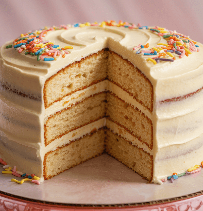 Photorealistic two-layer vanilla **Bday Cake** with smooth buttercream frosting and rainbow sprinkles, sliced to reveal moist layers. Warm birthday party atmosphere, soft overhead lighting. **Center text on clean white banner:** "Bday Cake How-To: Make a Perfect Layer Cake in 8 Steps" in bold playful font. **Bottom-right corner:** "cakevibe.com" in small elegant sans-serif. Minimal pastel background, food photography style, 16:9 aspect ratio, hyper-detailed.