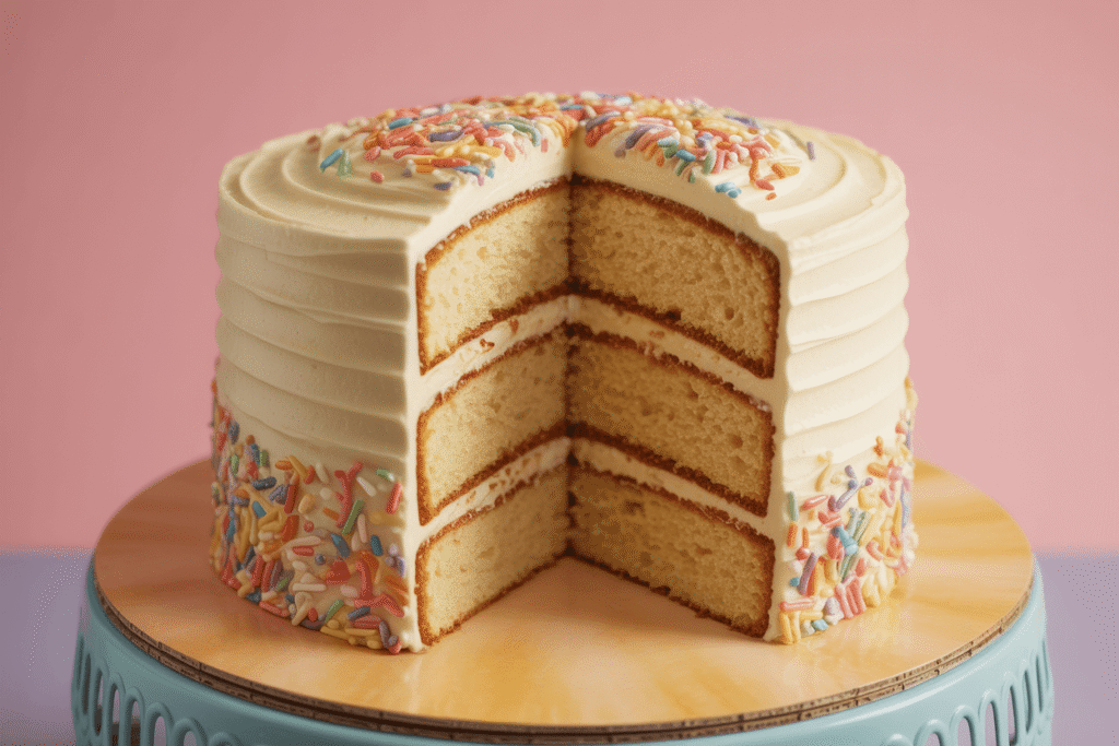 Photorealistic two-layer vanilla **Bday Cake** with smooth buttercream frosting and rainbow sprinkles, sliced to reveal moist layers. Warm birthday party atmosphere, soft overhead lighting.
**Center text on clean white banner:** "Bday Cake How-To: Make a Perfect Layer Cake in 8 Steps" in bold playful font.
**Bottom-right corner:** "cakevibe.com" in small elegant sans-serif.
Minimal pastel background, food photography style, 16:9 aspect ratio, hyper-detailed.