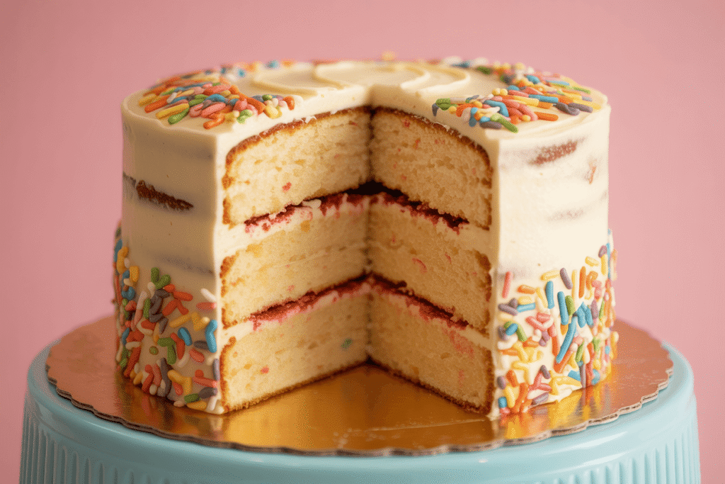 Photorealistic two-layer vanilla **Bday Cake** with smooth buttercream frosting and rainbow sprinkles, sliced to reveal moist layers. Warm birthday party atmosphere, soft overhead lighting.
**Center text on clean white banner:** "Bday Cake How-To: Make a Perfect Layer Cake in 8 Steps" in bold playful font.
**Bottom-right corner:** "cakevibe.com" in small elegant sans-serif.
Minimal pastel background, food photography style, 16:9 aspect ratio, hyper-detailed.