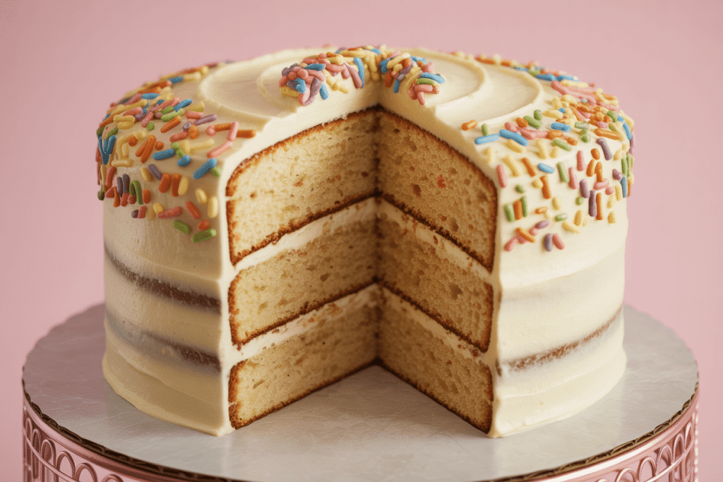 Photorealistic two-layer vanilla **Bday Cake** with smooth buttercream frosting and rainbow sprinkles, sliced to reveal moist layers. Warm birthday party atmosphere, soft overhead lighting.
**Center text on clean white banner:** "Bday Cake How-To: Make a Perfect Layer Cake in 8 Steps" in bold playful font.
**Bottom-right corner:** "cakevibe.com" in small elegant sans-serif.
Minimal pastel background, food photography style, 16:9 aspect ratio, hyper-detailed.